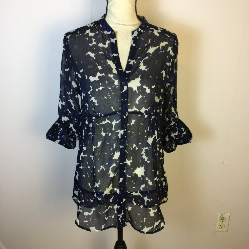 Express Tunic Shirt Blouse Size S Womans Blue White 3/4 Roll Tab Sleeve Sheer